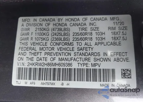 2021 Honda Cr-V Awd Ex-L z USA, uszkodzony, nr VIN 2HKRW2H86MH609386